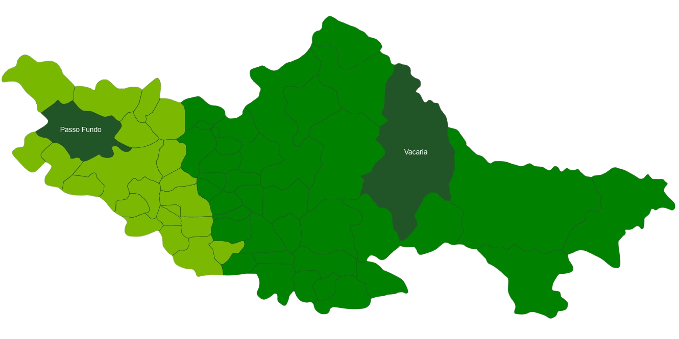 Mapa regional das cidades atendidas, com destaque para Passo Fundo e Vacaria